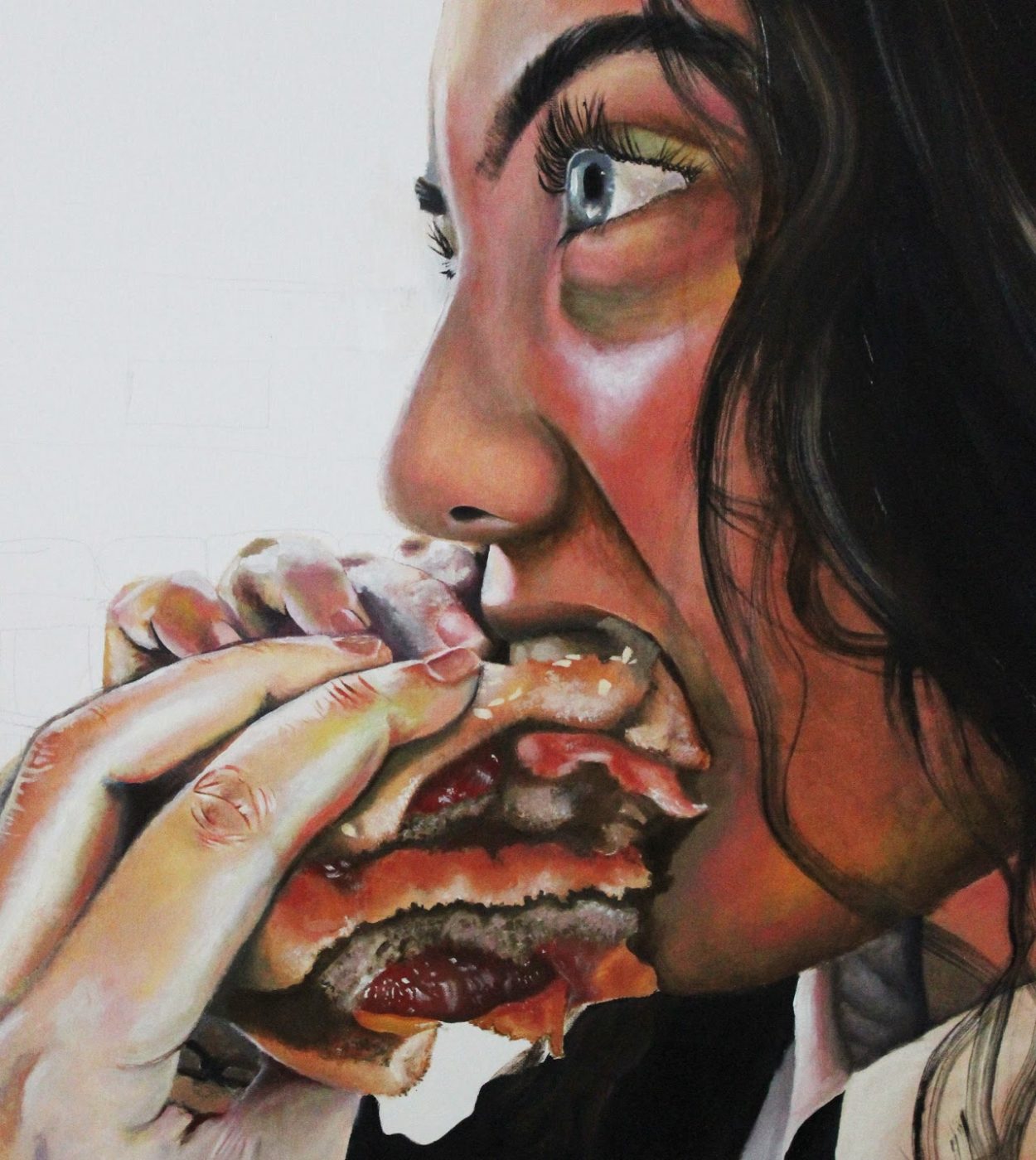 A portrait of a female eating a burger by an art student