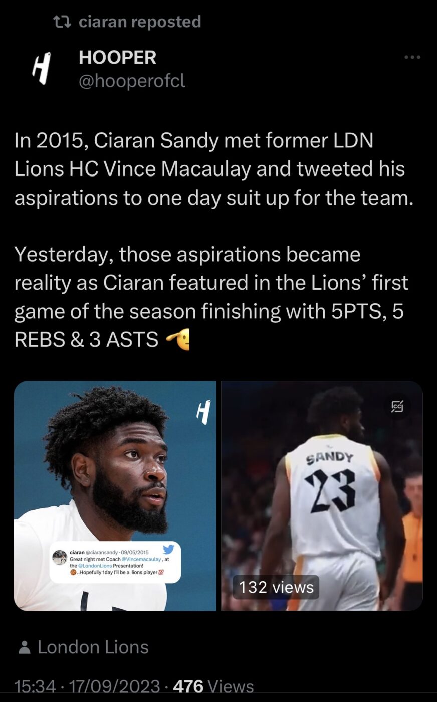 Social media post regarding ex-pupil Ciaran Sandy going pro with the London Lions Basketball team.